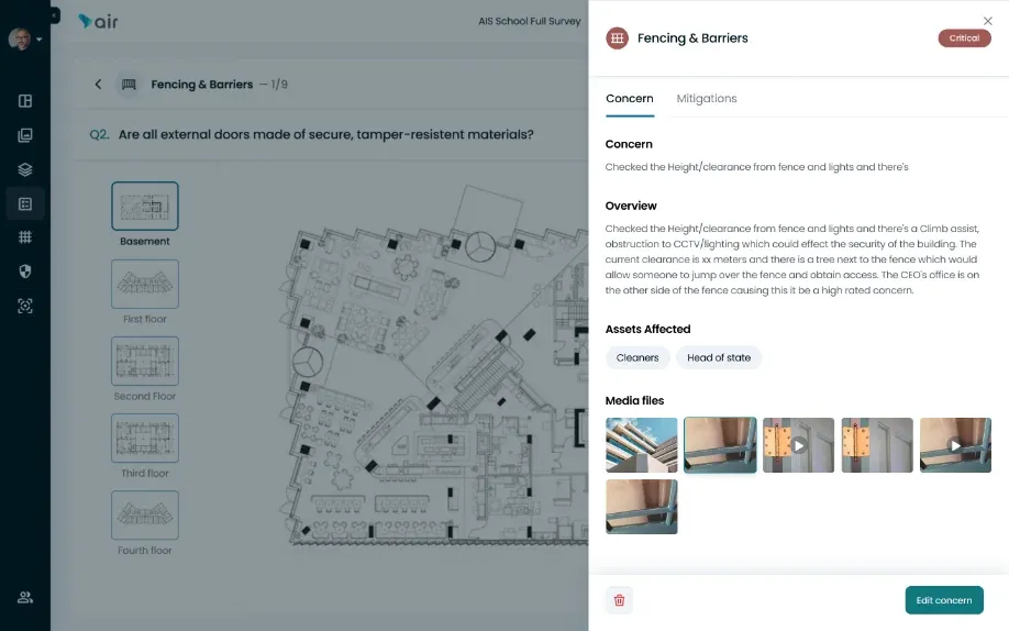 The AIR survey tool on site: a floor plan beside a concern with its overview, affected assets and media files.